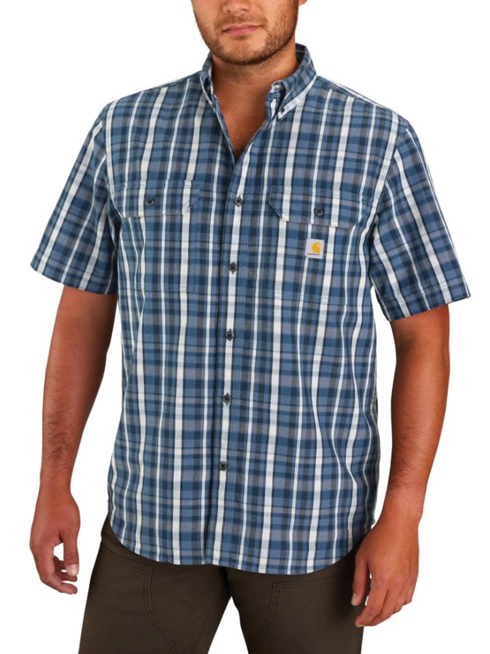 Carhartt Blue and White Plaid Short-Sleeve Button-Down Shirt